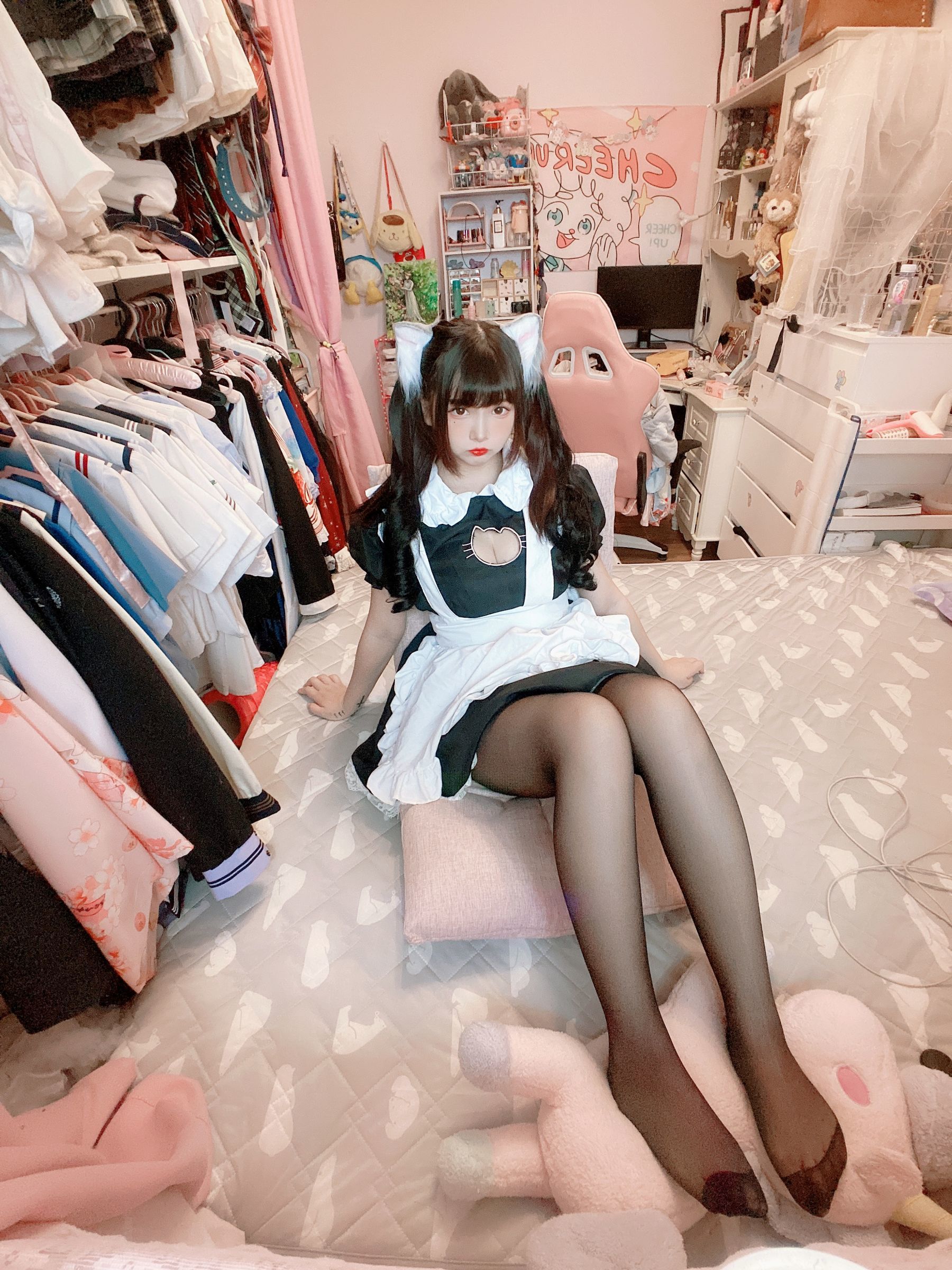 二次元美女古川kagura – 黑丝开胸 猫耳女仆 Cosplay-第4张
